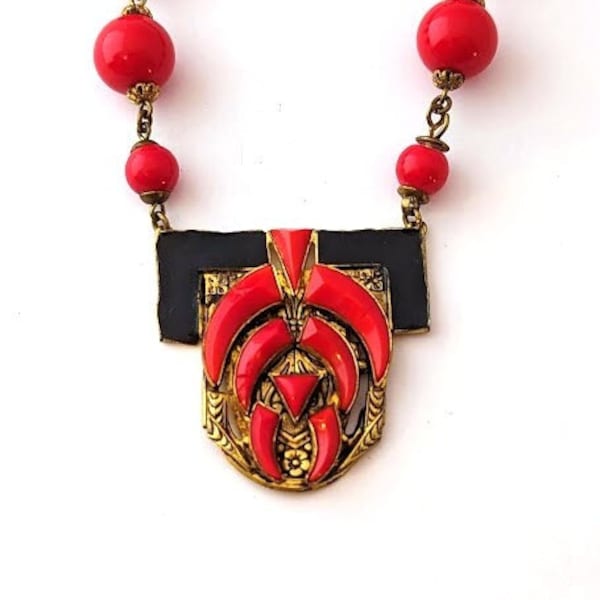 Vintage Czech Glass Necklace with Enamel, 1920's, Vintage Jewelry