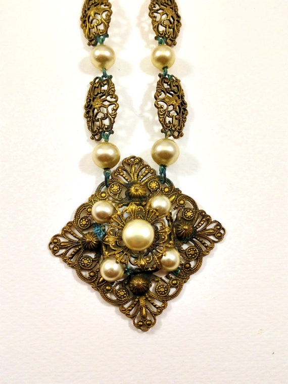 Art Nouveau Brass and Pearl Necklace, 1930's