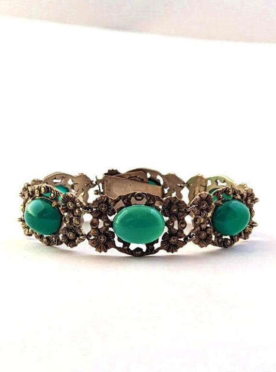 Art Deco Green Chalcedony Bracelet in Sterling Sil