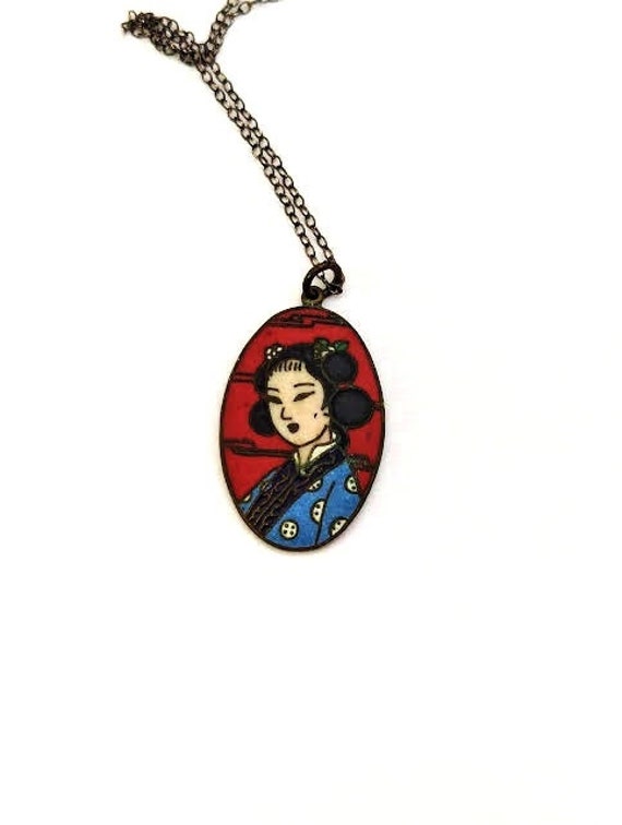 Mid-Century Cloisonne Geisha Pendant in Brass, 195