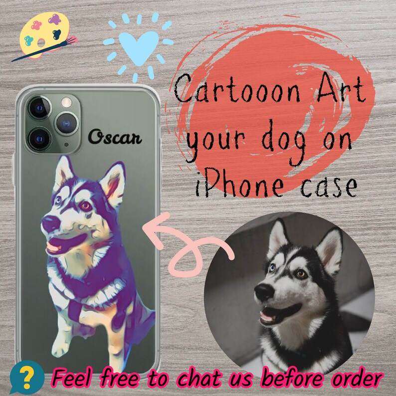 Clear case Cartoon art iPhone Case \u2022 Polycarbonate material \u2022 Customized \u2022 Pet loss \u2022 Memorial gift \u2022 Custom Pet Portrait