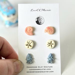 Handmade Sea Life Clay Stud Earrings: Beachy Sea Turtle, Starfish, Seashell