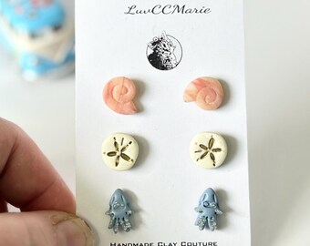 Coastal Stud Earrings Set, Beach Studs, Handmade Clay Summer Vacation Jewelry