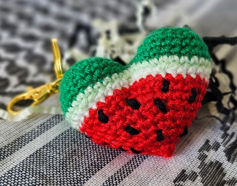 Watermelon Squeezable Crochet Keyring Pocket Hug I stand with Palestine Colors of Resistance Available with Watermelon Scent image 1