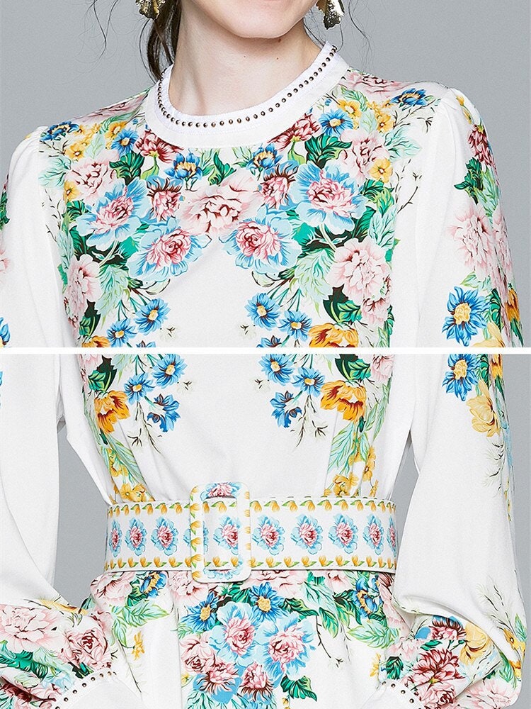 White Flower Long Sleeve Elegant Dress Etsy