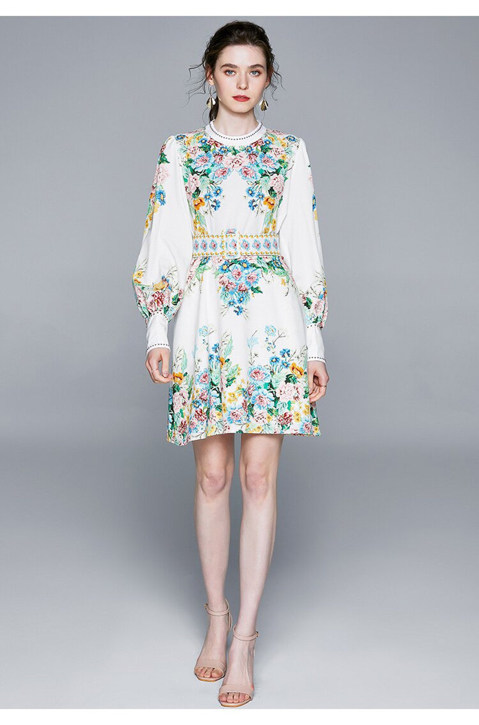 White Flower Long Sleeve Elegant Dress Etsy