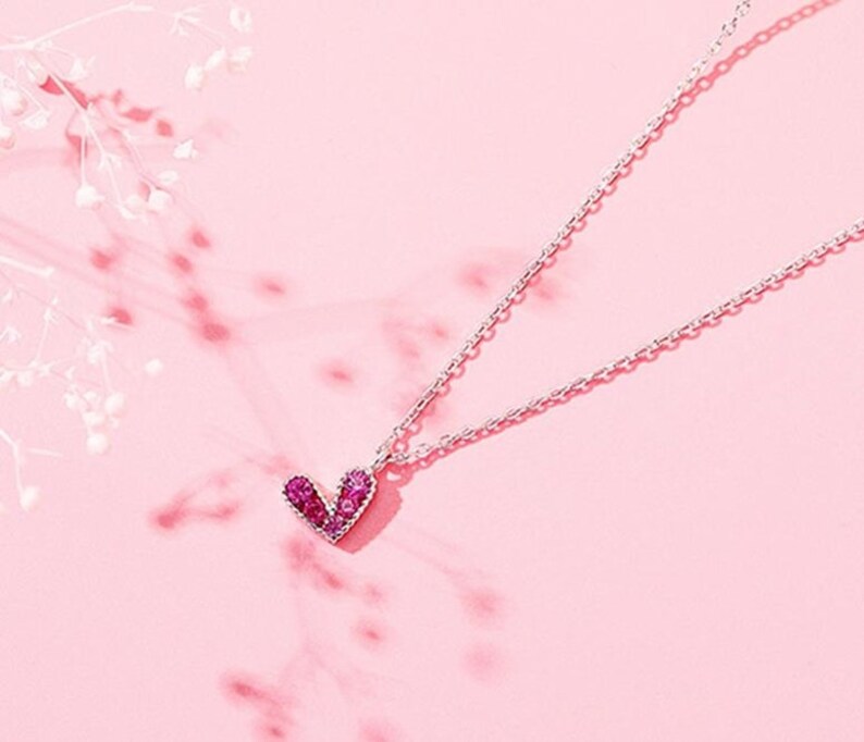 Pink Crystal Heart Sterling Silver Necklace