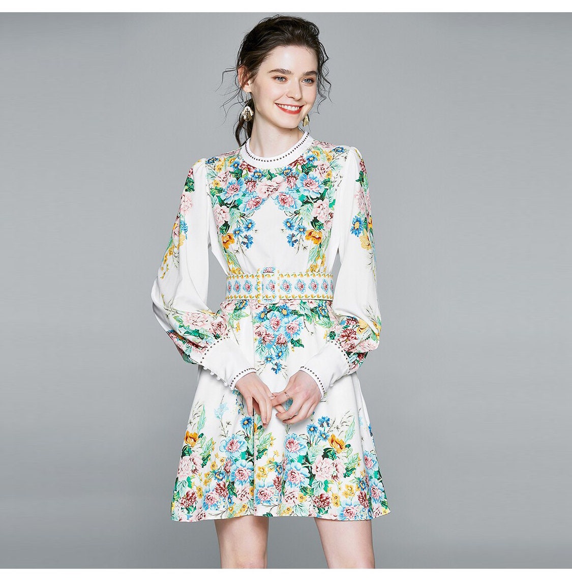 White Flower Long Sleeve Elegant Dress Etsy