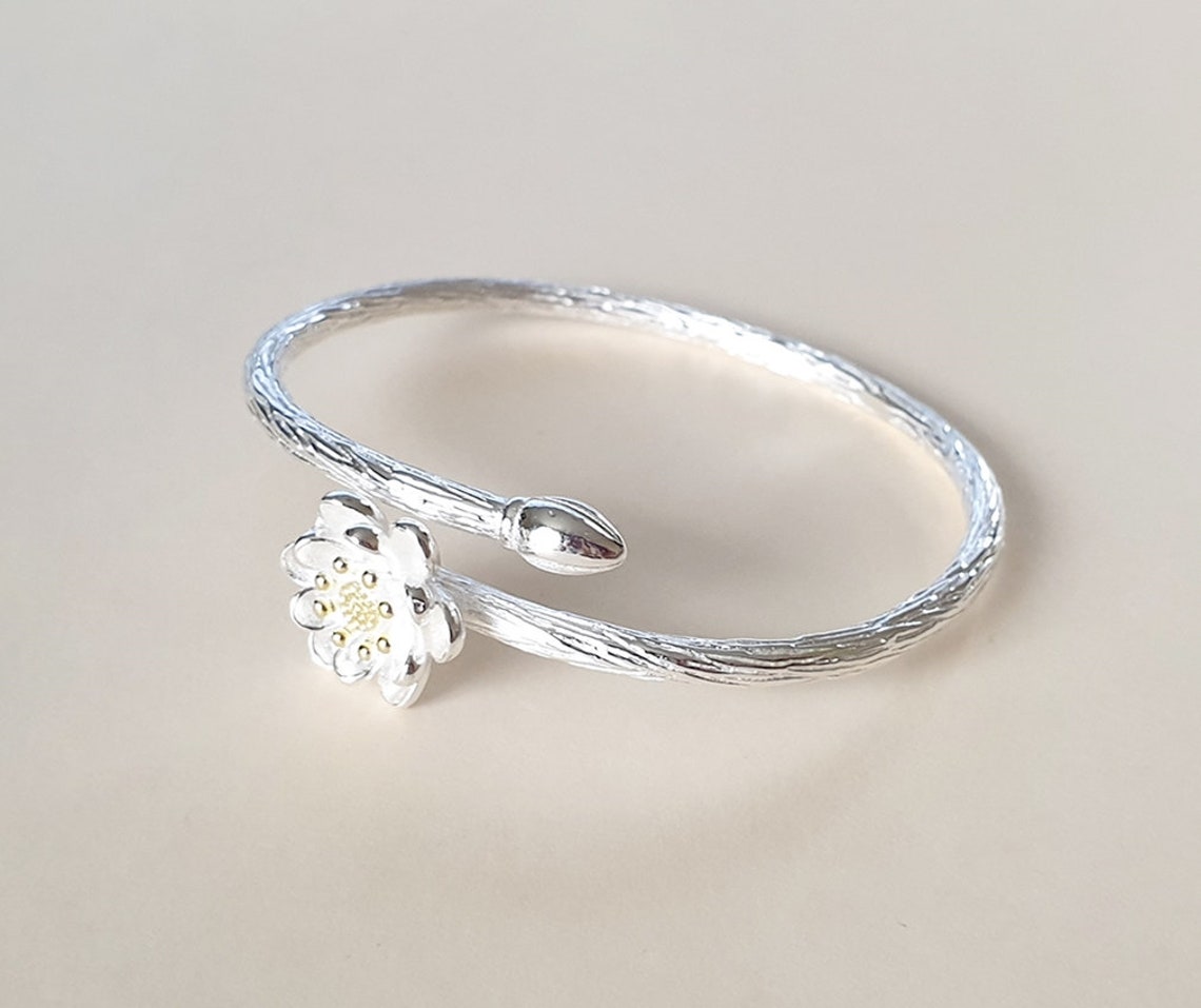 Lotus Flower 925 Sterling Silver Bangle Bracelet Etsy