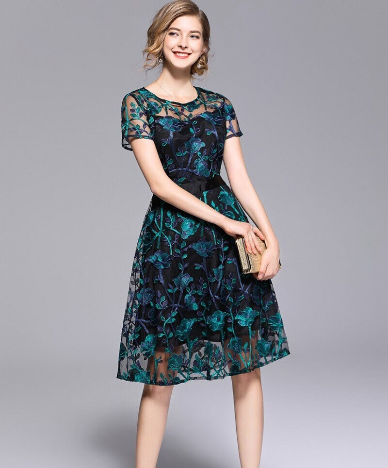 Green Flower Lace Embroidery Elegant Dress Etsy