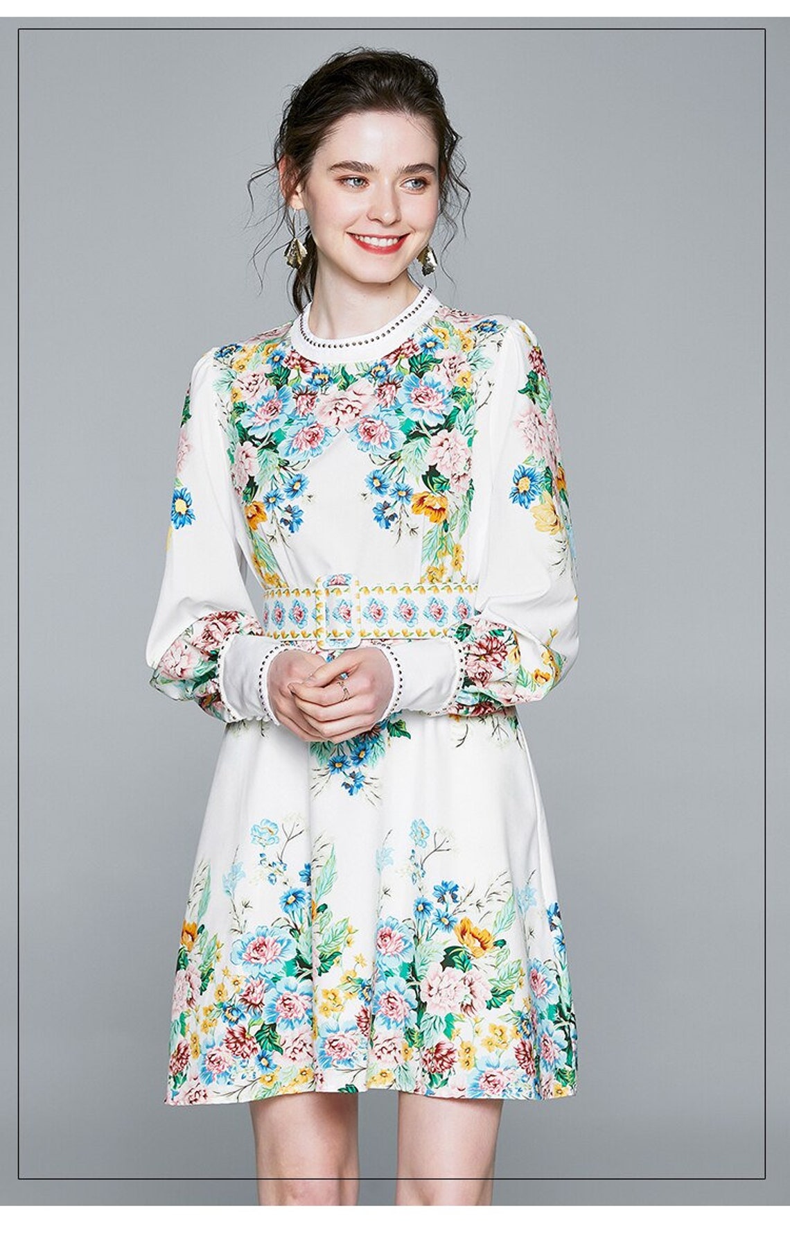 White Flower Long Sleeve Elegant Dress Etsy