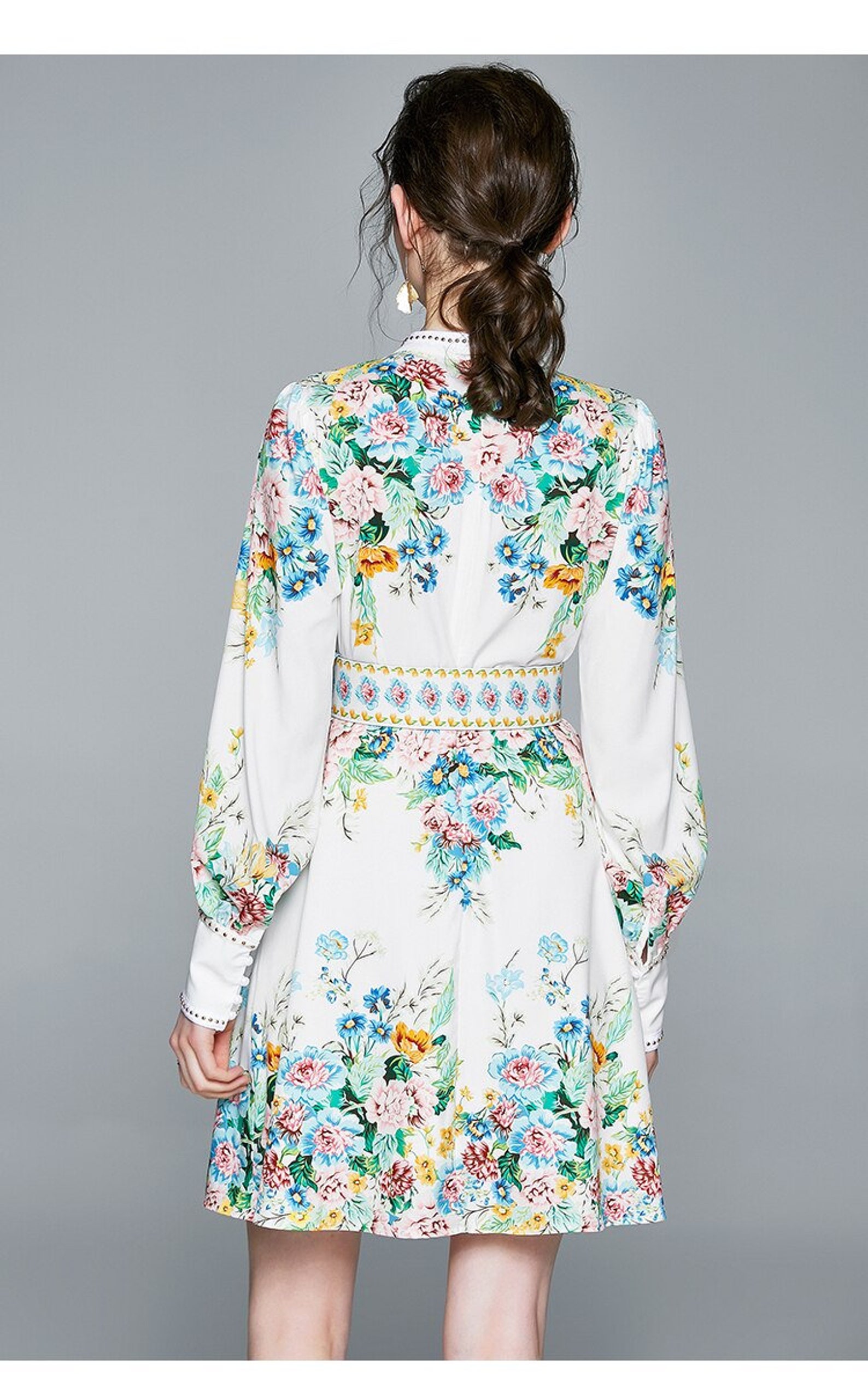 White Flower Long Sleeve Elegant Dress Etsy