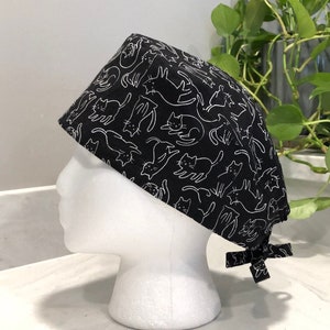 Black Cat Sketches Scrub Cap, Unisex, or Ponytail Style