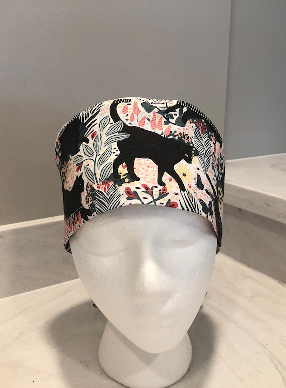 Black Cat Print Scrub Cap: Veterinary Tech, Unisex Cotton Tie-Back