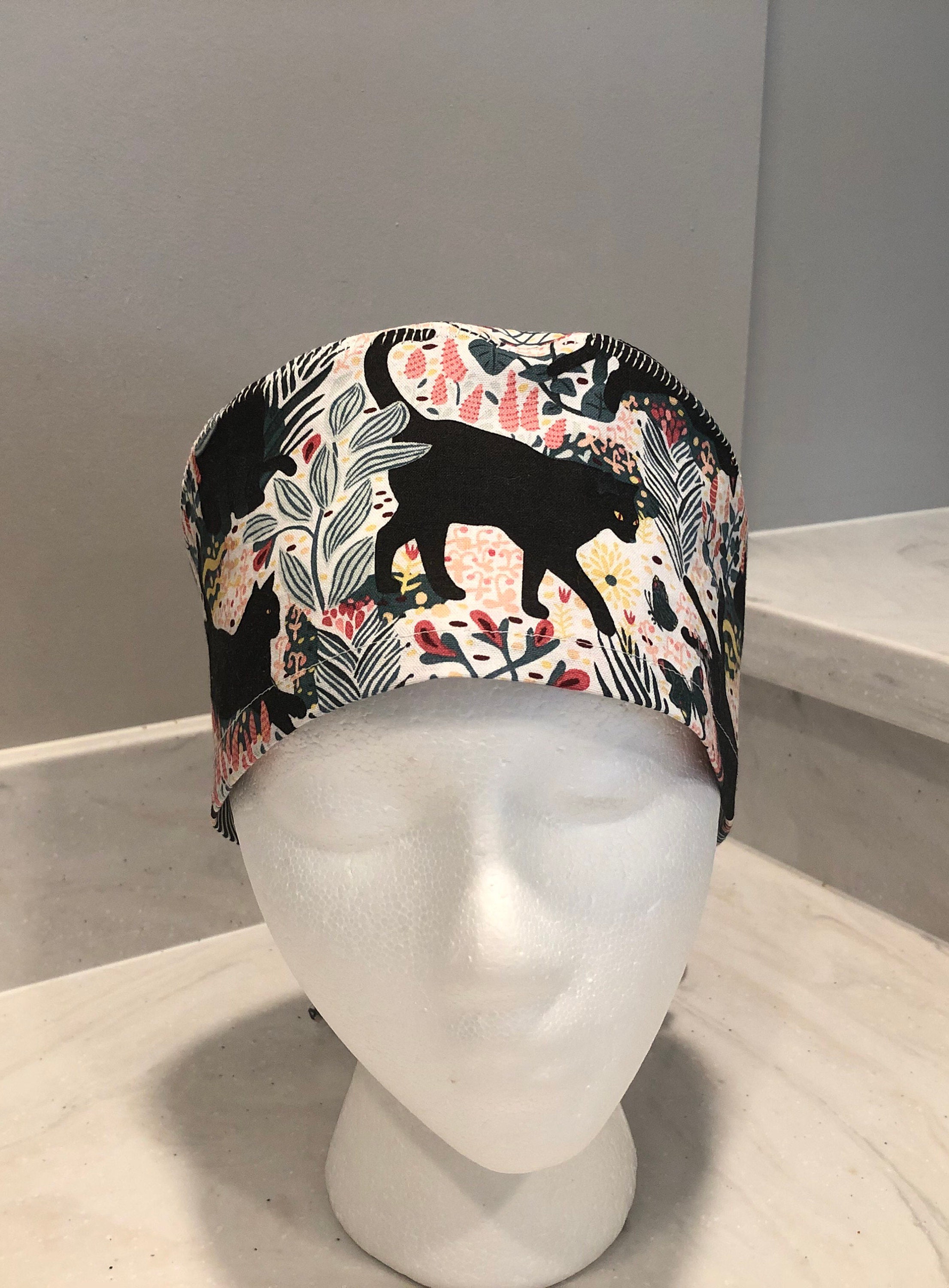 Black Cat Print Scrub Cap: Veterinary Tech, Unisex Cotton Tie-Back