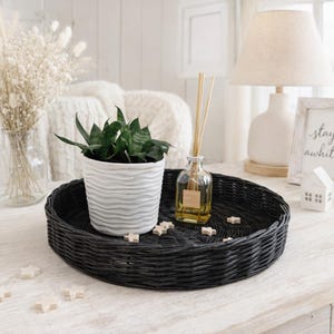 Black Round Tray, Round Basket Tray, Round Wicker Tray, Rustic Tray, Handles Basket Tray Bread Basket Fruit, Gold Round Wicker Tray Decor