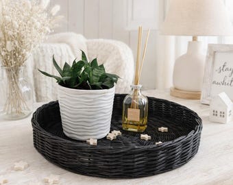 Black Round Tray, Round Basket Tray, Round Wicker Tray, Rustic Tray, Handles Basket Tray Bread Basket Fruit, Gold Round Wicker Tray Decor