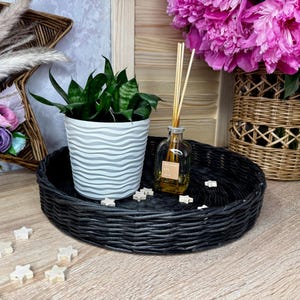 Black Round Tray, Round Basket Tray, Round Wicker Tray, Rustic Tray, Handles Basket Tray Bread Basket Fruit, Gold Round Wicker Tray Decor