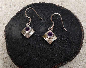 Silver earrings with amethyst | dangling rectangle shaped | handmade gemstone jewelry | everyday wear