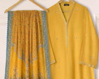Aghanoor 3 Piece Pure Cotton Net Embroidered Suit Size (Large) - Mustard