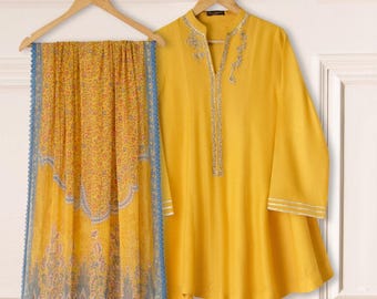 Aghanoor 3 Piece Pure Cotton Net Embroidered Suit Size (Medium, Large) - Mustard