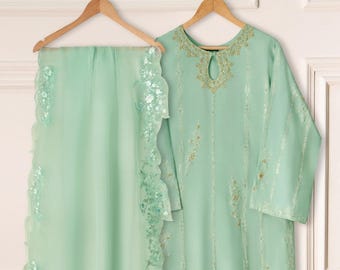 Aghanoor 3 Piece -  Pure Khaddi Silk Embroidered Suit - Ferozi (Size - Medium)