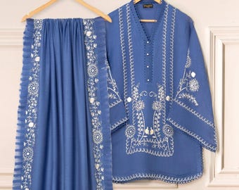 Aghanoor 3 Piece Pure Net Embroidered Suit  - Blue