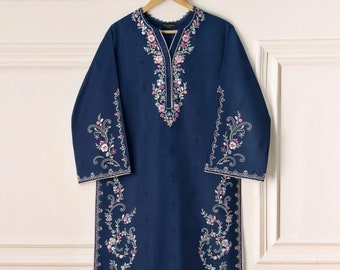 Aghanoor - Camisa azul de jacquard bordada (Tallas M y L) India, Pakistán, Bangladesh