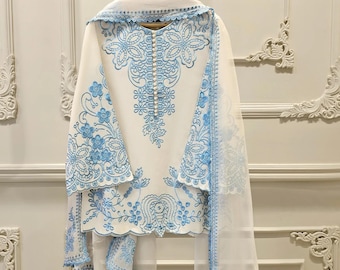 Embroidered Lawn Suit: 3-Piece Agha Noor - White Chiffon Dupatta