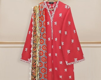 Aghanoor 3 piece - (Size- M, XS) Embroidered Cambric Suit  - India Pakistan Bangladesh Shalwar Kameez