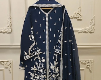 Agha Noor 3 Piece - Embroidered Cotton Net Suit -- Navy Blue