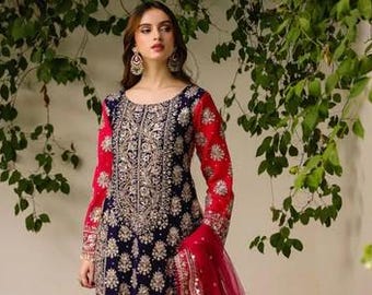 4 Piece Embroidered Chiffon Suit - Raw Silk Pants with Potli bag