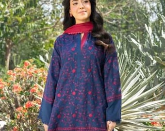 2 piece - Embroidered Linen Farshi Shalwar Suit - Navy Blue