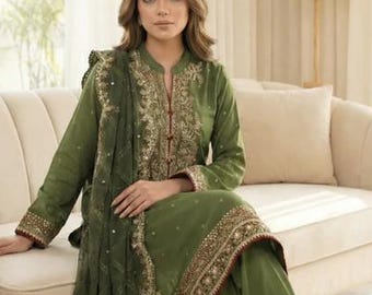 Embroidered Raw Silk Suit - Olive Green - Chiffon Dupatta