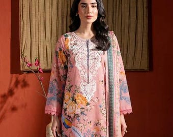 Traje Kurta de césped bordado - 3 piezas - Diseñador pakistaní