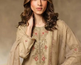 Embroidered Silk Farshi Shalwar Suit with Organza Dupatta - 3 Piece - Tan Brown