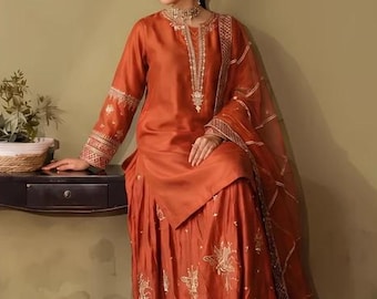 3 Piece Embellished Silk Palazzo Suit - Rust Color