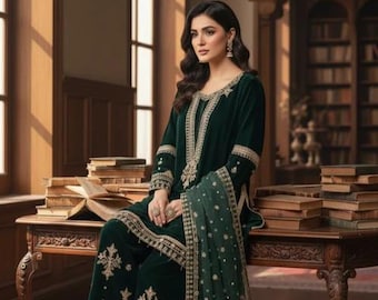 Embroidered Dark Green Velvet Palazzo Suit - 3 Piece - Organza Dupatta