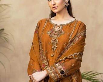 Embroidered Organza and Raw Silk Palazzo Designer Suit - 3 Piece