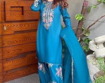 Embroidered Silk Farshi Shalwar Suit with Organza Dupatta - 3 Piece - Blue