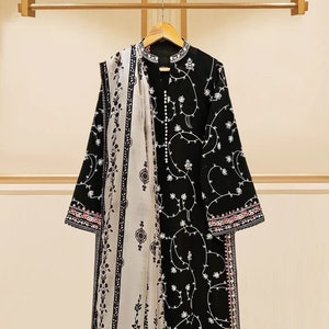 Black Embroidered Swiss Voile Shalwar Kameez Suit with Dupatta (Medium)