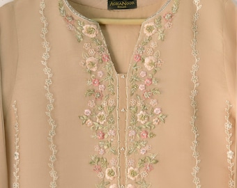 Agha noor 3 Piece Embroidered Organza Suit -Size  (Large) - Beige