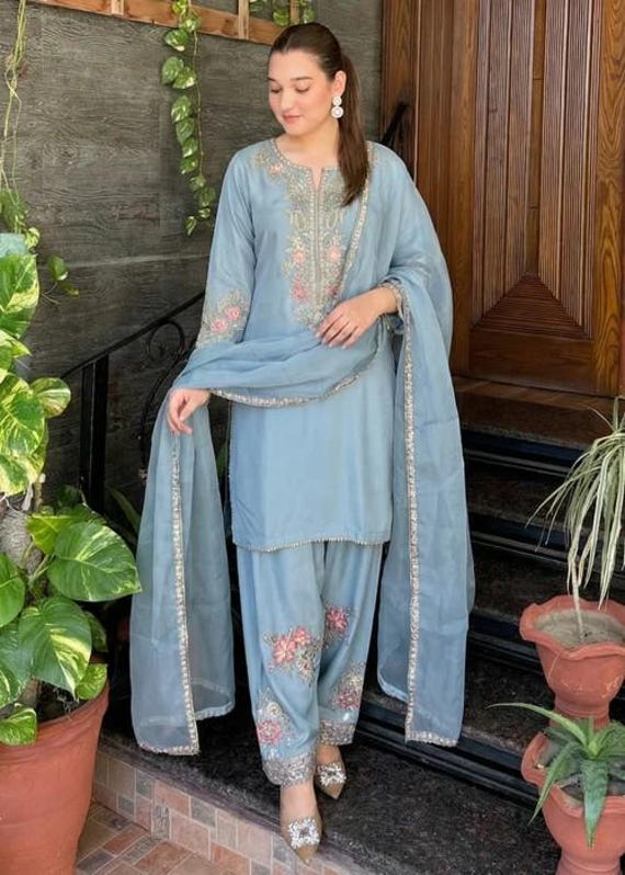 Embroidered Silk Farshi Shalwar Suit with Organza Dupatta - 3 Piece