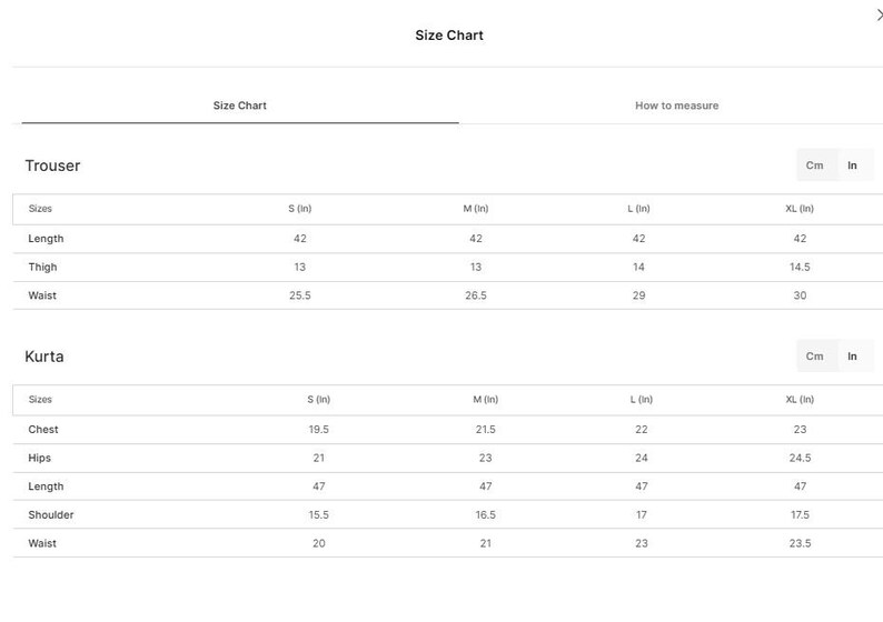 May include: A white size chart for trousers and kurtas, with measurements in inches and centimeters. The chart includes sizes S, M, L, and XL, detailing measurements for length, thigh, waist, chest, hips, and shoulder.