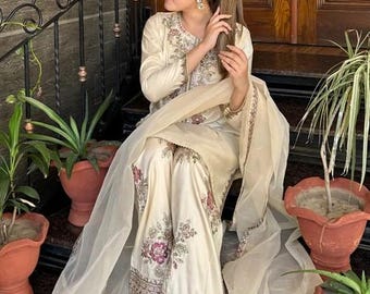 Embroidered Silk Farshi Shalwar Suit with Organza Dupatta - 3 Piece - Pearl White