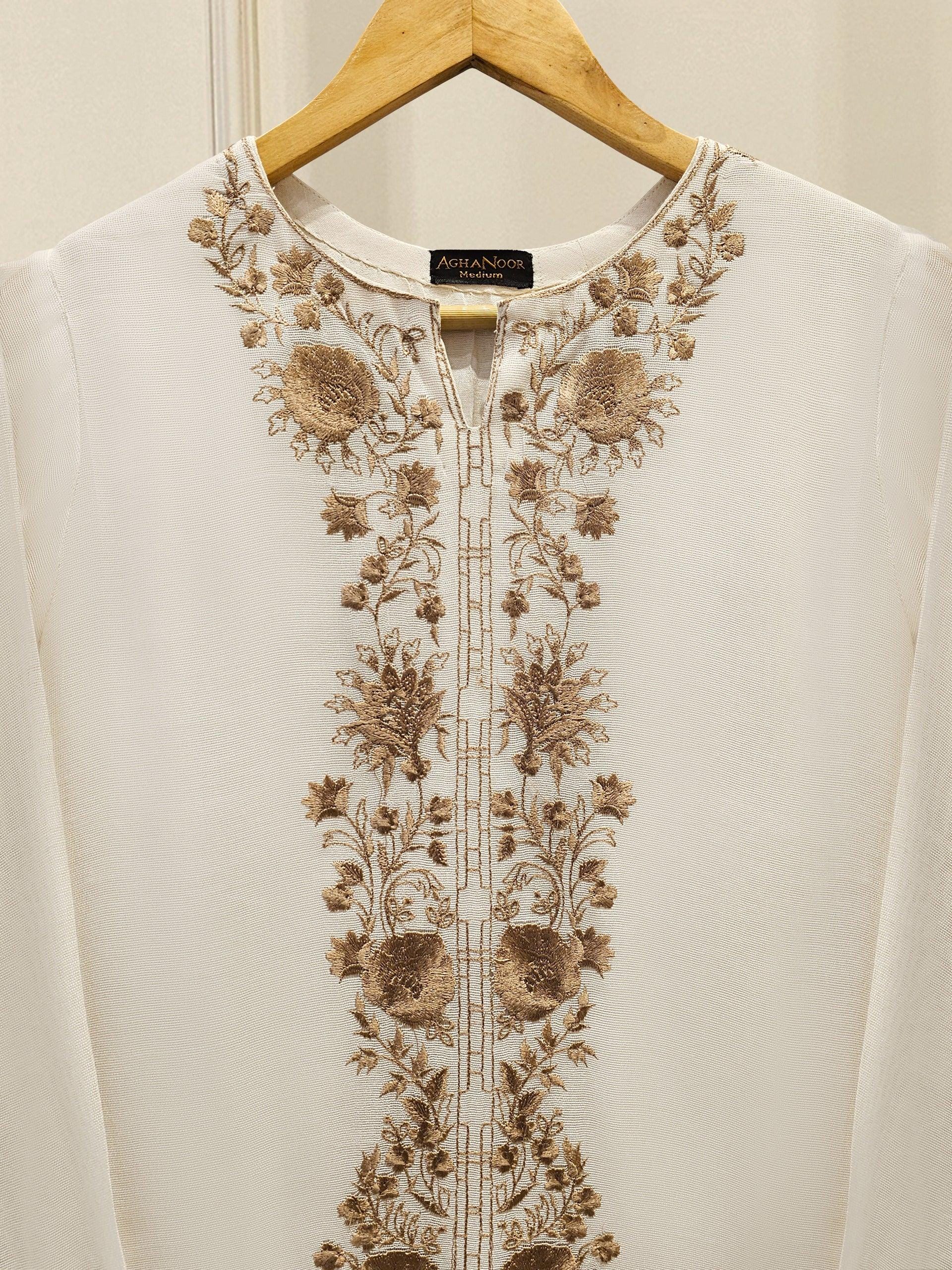 Aghanoor 2 piece - (Size- Small, Medium, Large) - Cotton Net Embroidered Suit - White and Brown