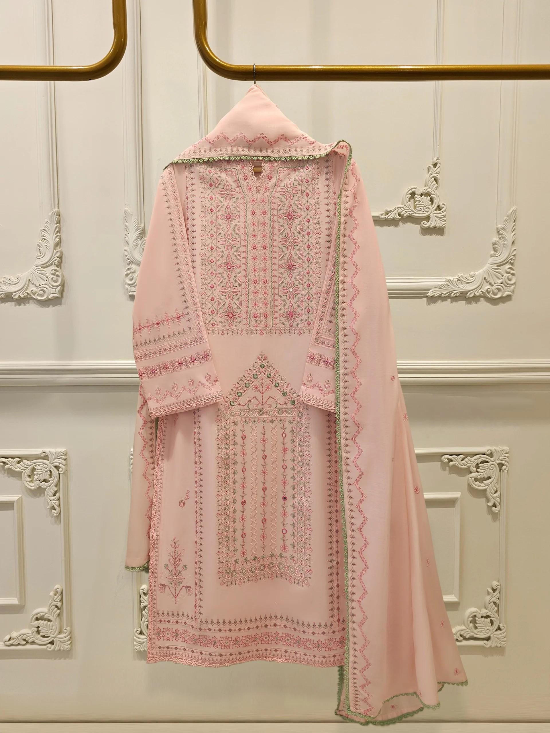 agha noor pink dress Agha Noor 2 Piece Heavily Embroidered Lawn Suit