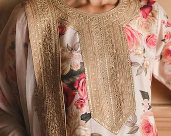 3 piece - Embroidered Printed Lawn Suit with Palazzo Pants and Organza Dupatta