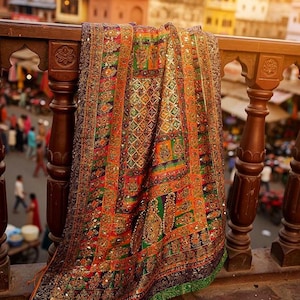 DPM1- Handmade Block Print Silk Dupatta With Mirror and Pearl Work