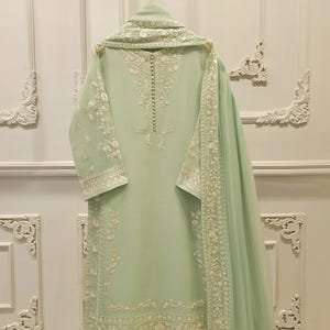 Agha Noor 3 Piece - Pure Embroidered Chiffon Suit - Pista Green